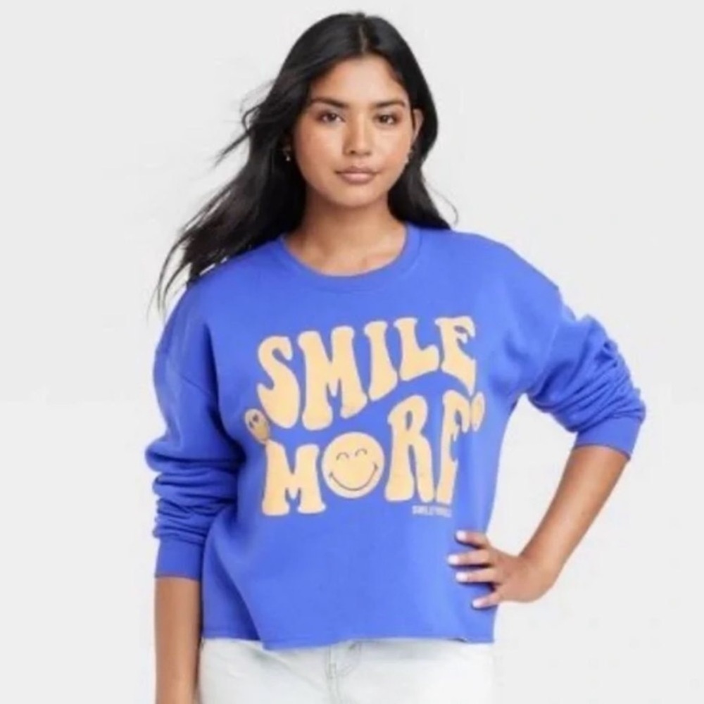 NWOT Smiley world cornflower blue oversized cutoff sweatshirt